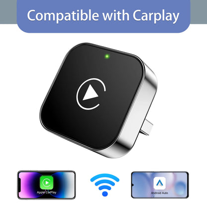 Square wireless CarPlay adapter with CarPlay and Android Auto screen icons
