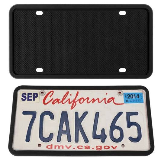 Black silicone license plate frame with a sample California plate