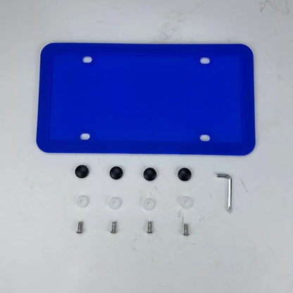 Blue silicone license plate frame with screws