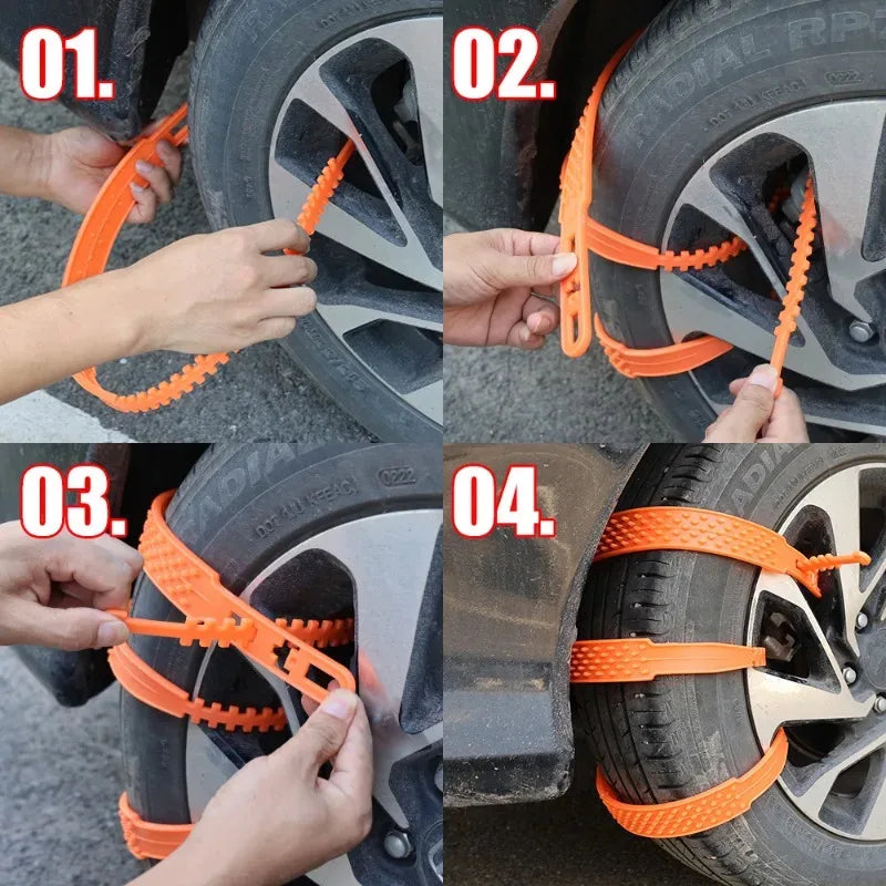 How to install the plastic snow chain straps