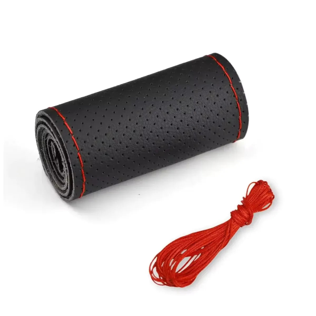 Black DIY steering wheel cover with red thread