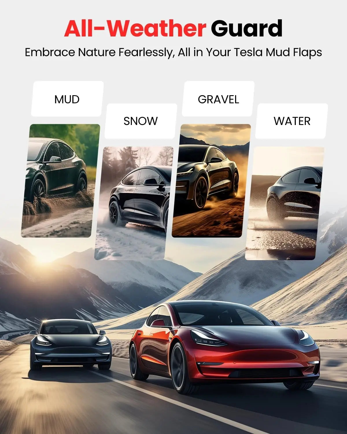 Mud Flaps for Tesla Model Y (2020-2024 or Juniper 2025-2026) and Model 3 (2019-2023 or Highland 2024-2025), TPE, No Drilling