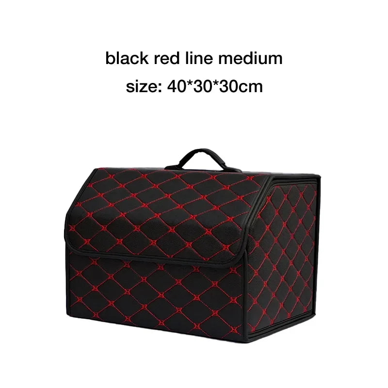 Black trunk organizer with red stitching, medium