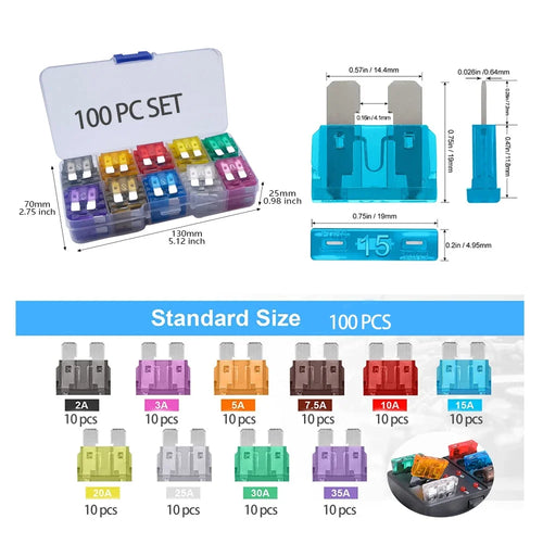 100-piece standard blade fuse kit in a clear case, 10 each from 2A to 35A