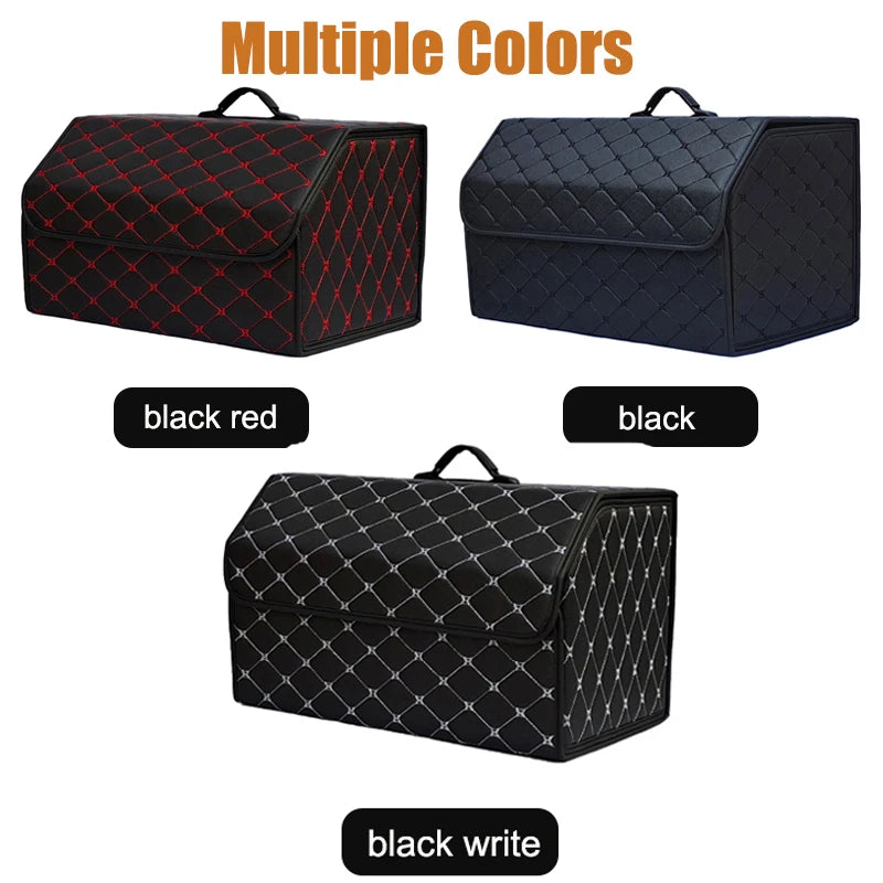Trunk organizer colors: black with red, black, and black with beige stitching