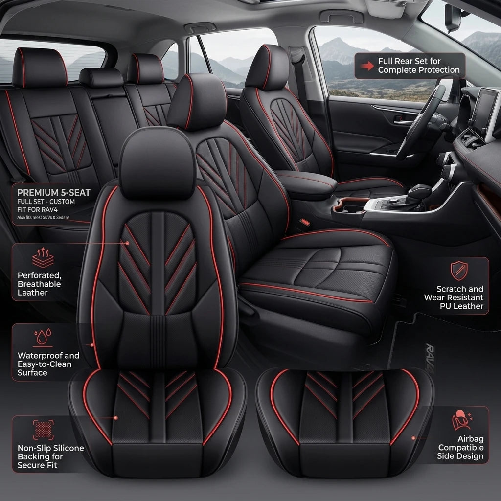 Faux Leather Seat Covers for Toyota RAV4 2019-2024, 5-Seat Full Set with Headrest Covers, Black and Red