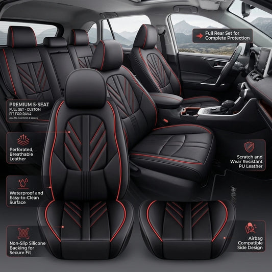 Faux Leather Seat Covers for Toyota RAV4 2019-2024, 5-Seat Full Set with Headrest Covers, Black and Red