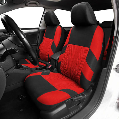 Red seat covers installed on the front seats