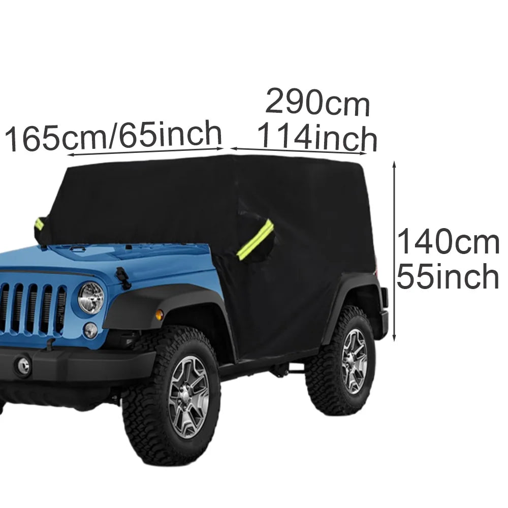 Half Car Cover for Jeep Wrangler 4-Door 2018-2021 (JL), 210T Polyester, Reflective Strips, Buckles and Storage Bag, Black or Silver