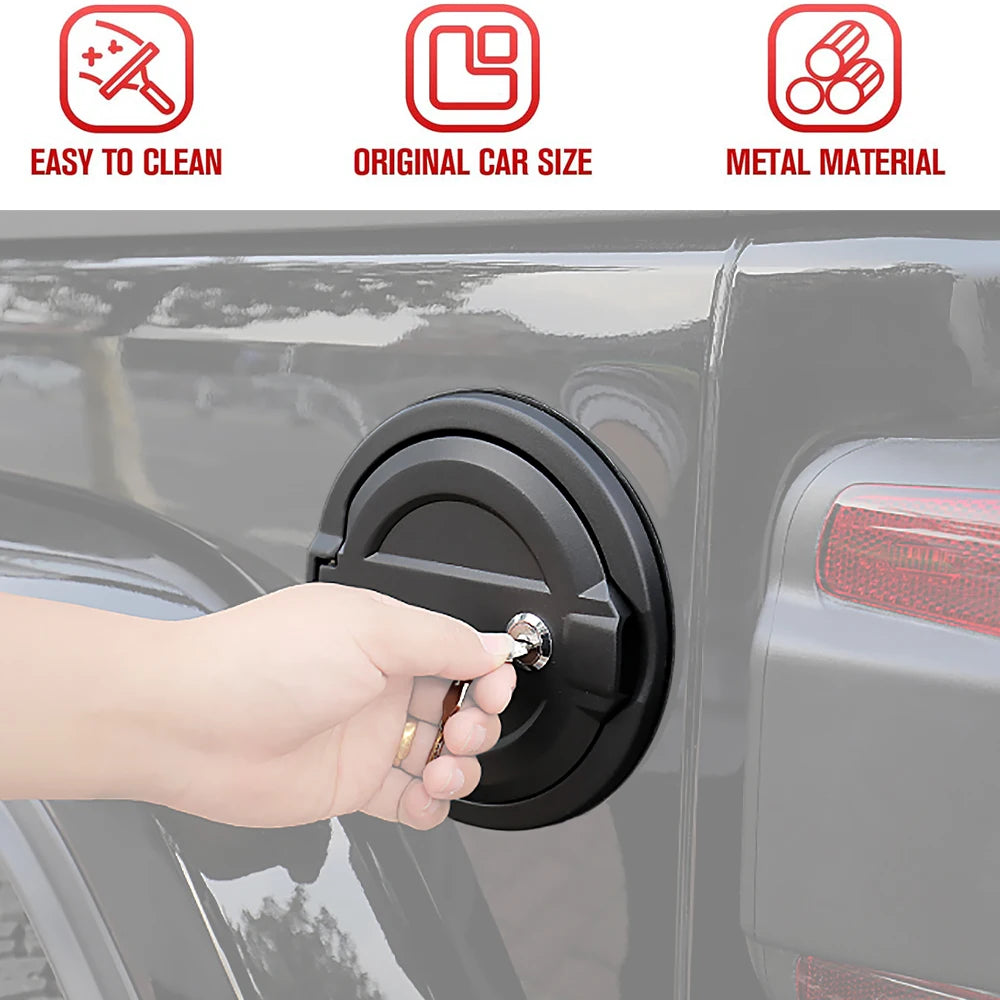 Locking Fuel Door with Key for Jeep Wrangler 2018-2023 (JL), Black Aluminum Alloy and ABS Gas Tank Cover