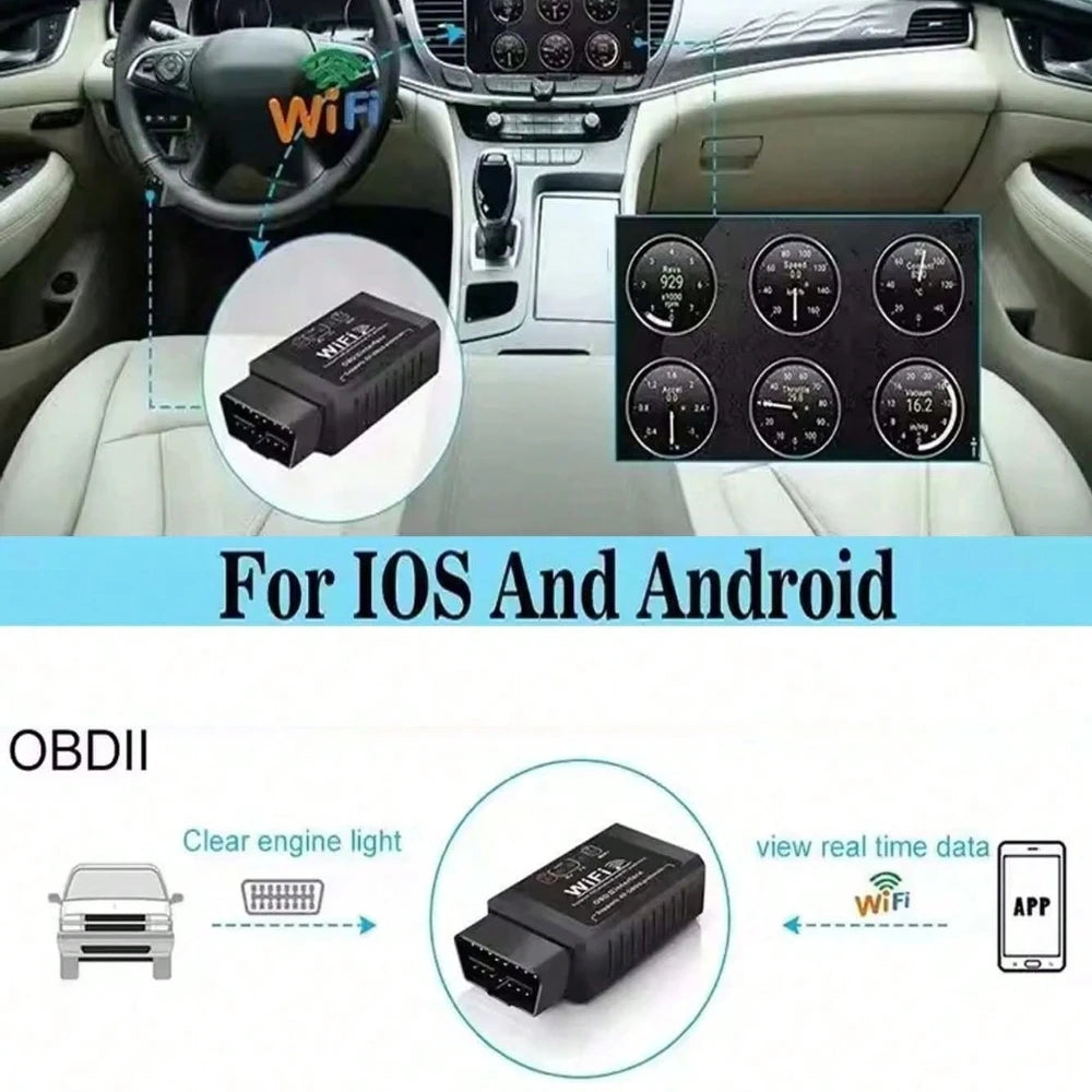 OBD2 adapter plugged in under the dash and connected to a phone app