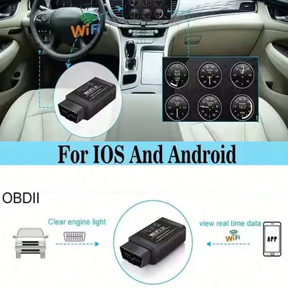 OBD2 adapter plugged in under the dash and connected to a phone app