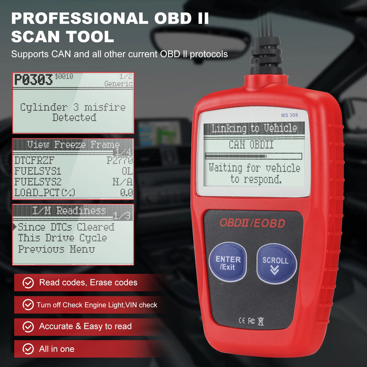 Scanner screens showing trouble codes and readiness status