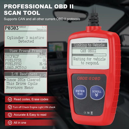 Scanner screens showing trouble codes and readiness status