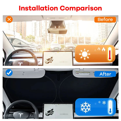 Windshield Sun Shade for Tesla Model 3 and Model Y, Highland and Juniper, 4-Layer Reflective Foldable Shade, Silver or Laser Finish