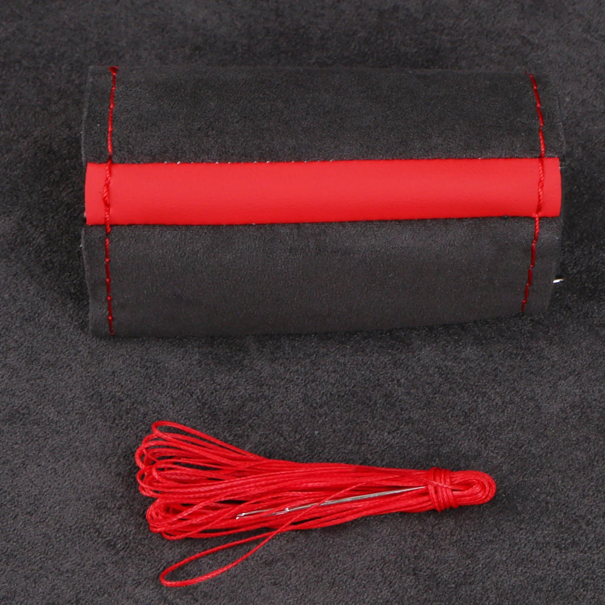 Faux suede cover with red stripe and red thread
