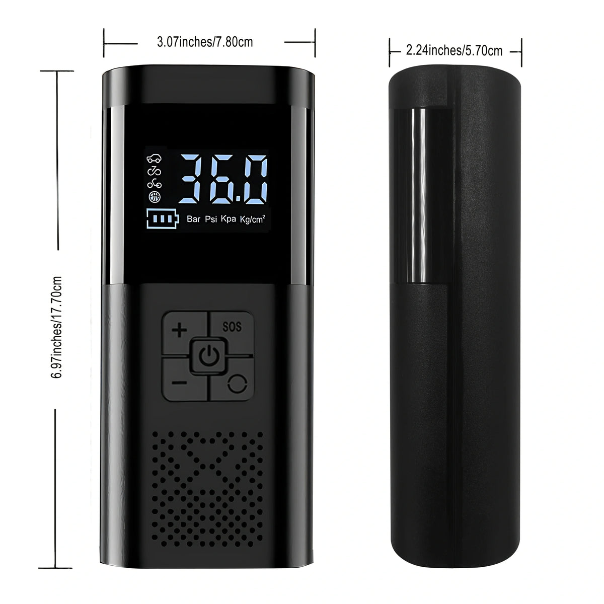 Compact tire inflator size: about 7 x 3 x 2.2 in (17.7 x 7.8 x 5.7 cm)