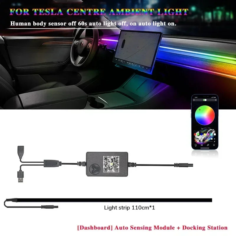Dashboard Ambient Light Kit for Tesla Model 3 and Model Y, RGB Fiber Optic Strips with App Control and Music Sync, Optional 4 Footwell Lights