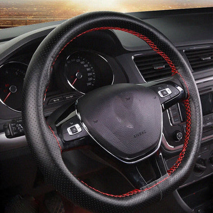 Finished hand-stitched steering wheel cover in a car