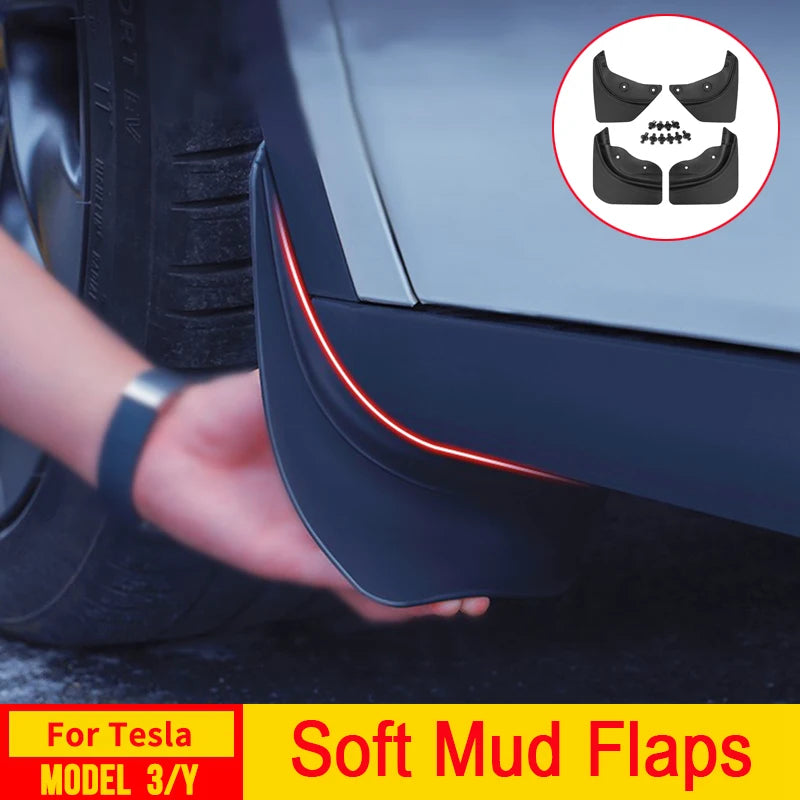 Soft TPE Mud Flaps for Tesla Model Y Juniper 2025+, Model 3 Highland 2024+ and Model Y L 6-Seat, No-Drill Splash Guards