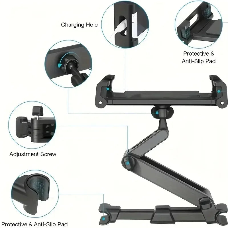 Telescopic Headrest Tablet and Phone Holder for Car Back Seat, Fits 5 to 13 Inch Devices, Rotates and Tilts, Black or Red
