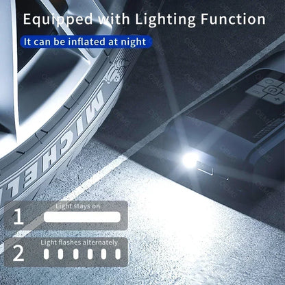 Tire inflator LED light, steady or flashing, for inflating at night