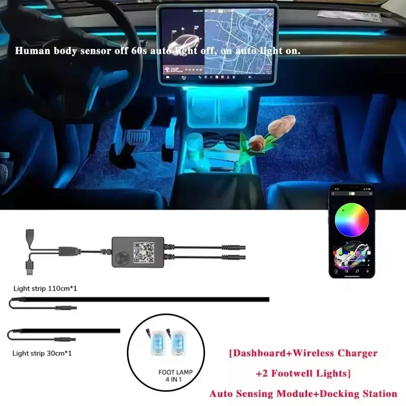 Dashboard Ambient Light Kit for Tesla Model 3 and Model Y, RGB Fiber Optic Strips with App Control and Music Sync, Optional 4 Footwell Lights