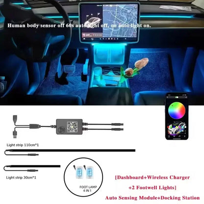 Dashboard Ambient Light Kit for Tesla Model 3 and Model Y, RGB Fiber Optic Strips with App Control and Music Sync, Optional 4 Footwell Lights