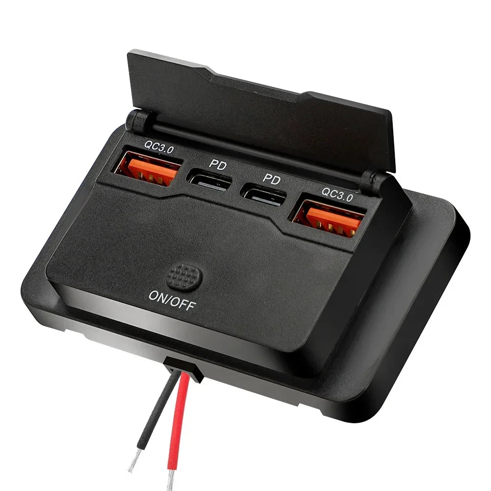 12V/24V USB Charger Socket Panel with Switch, Surface Mount Car Outlet with USB-C PD and QC3.0 Ports, for Cars, RVs, Boats and Trucks