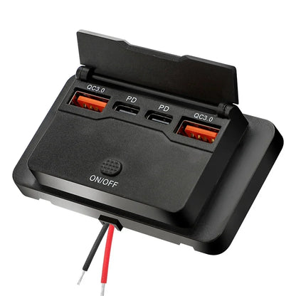 12V/24V USB Charger Socket Panel with Switch, Surface Mount Car Outlet with USB-C PD and QC3.0 Ports, for Cars, RVs, Boats and Trucks