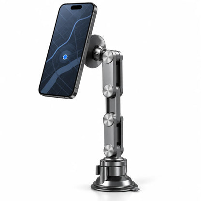 Magnetic car phone mount with extendable arm holding a smartphone