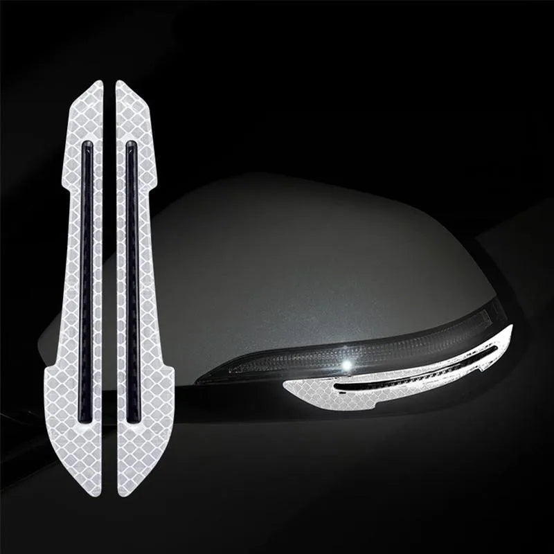 White reflective strips on a car side mirror