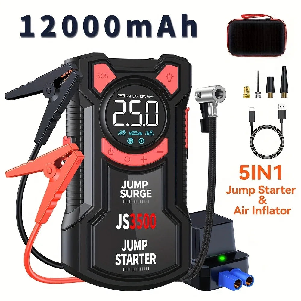 5-in-1 jump starter with air compressor, 12,000 mAh version, with clamps, air hose, nozzles, cable and storage case
