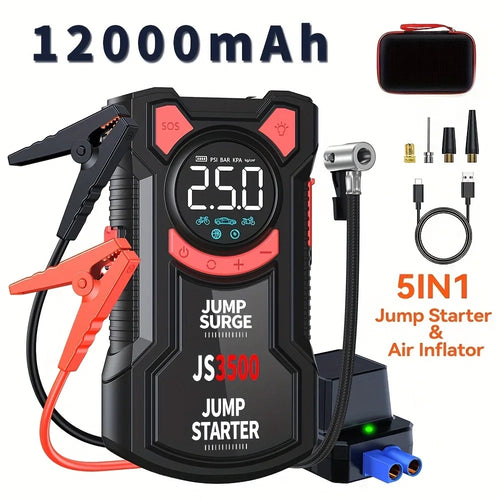 5-in-1 jump starter with air compressor, 12,000 mAh version, with clamps, air hose, nozzles, cable and storage case