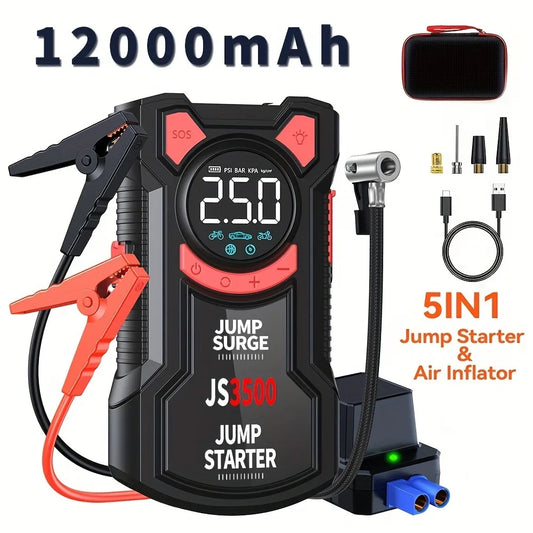 5-in-1 jump starter with air compressor, 12,000 mAh version, with clamps, air hose, nozzles, cable and storage case