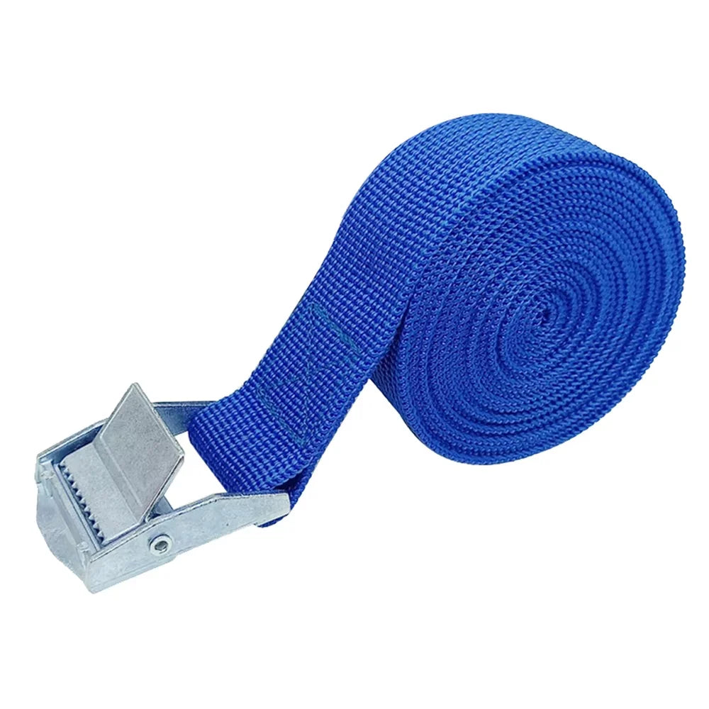 Blue cargo strap with metal cam buckle