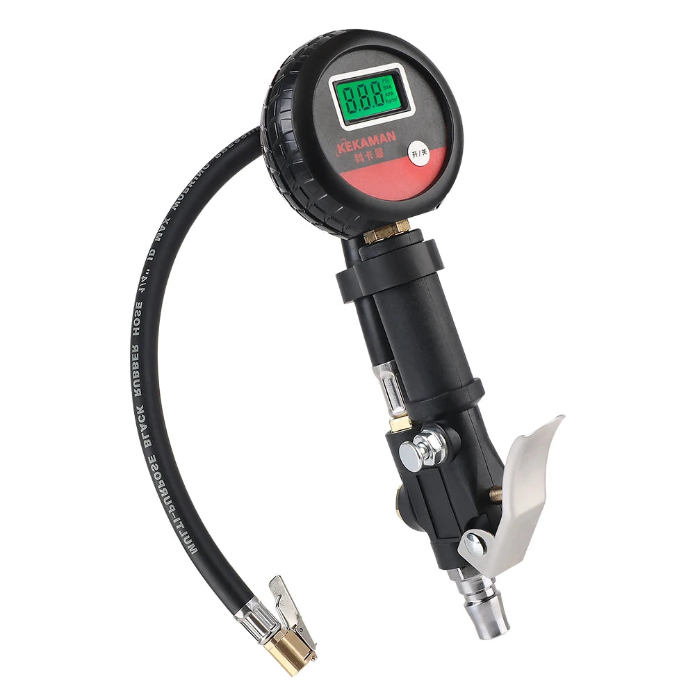 Black and red digital tire inflator gauge with hose and clip-on chuck