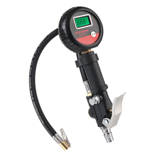 Black and red digital tire inflator gauge with hose and clip-on chuck