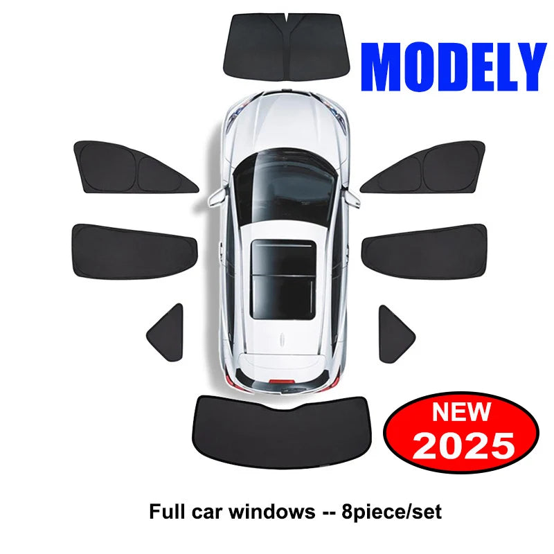 Blackout Sun Shades for Tesla Model Y 2020-2024 and Juniper 2025+, Windshield, Side Window and Full 8-Piece Privacy Sets