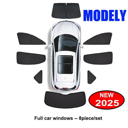 Blackout Sun Shades for Tesla Model Y 2020-2024 and Juniper 2025+, Windshield, Side Window and Full 8-Piece Privacy Sets