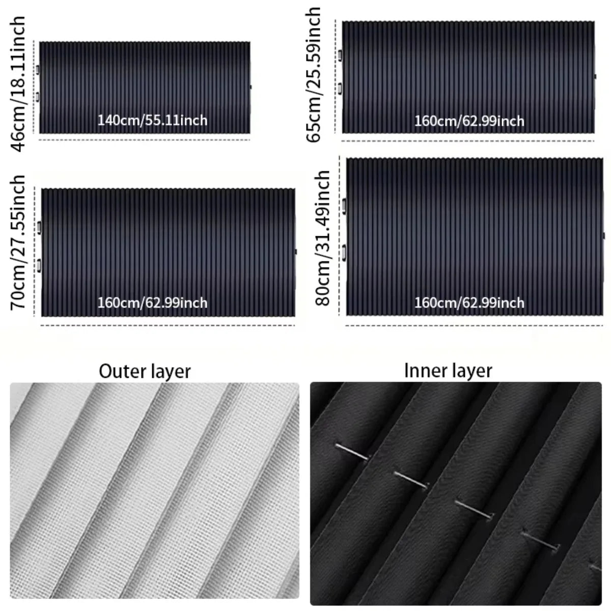 Retractable sun shade size chart with the silver outer layer and black inner layer