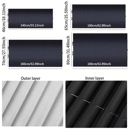 Retractable sun shade size chart with the silver outer layer and black inner layer