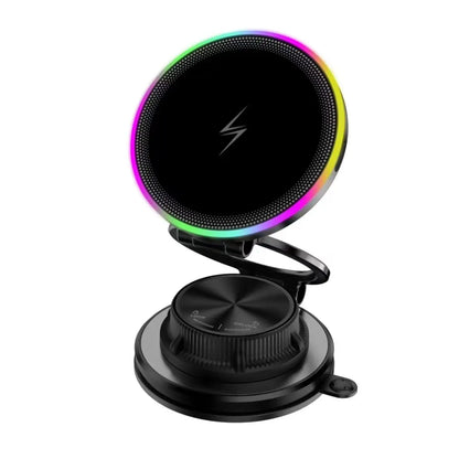 Magnetic Wireless Car Charger with Vacuum Suction Base, 15W Phone Mount with 360 Degree Rotation and RGB Light, 7 Models