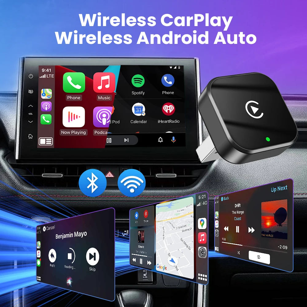 Wireless CarPlay and Android Auto on a car dashboard screen with the adapter