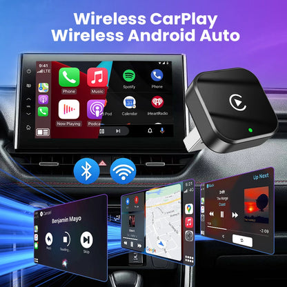 Wireless CarPlay and Android Auto on a car dashboard screen with the adapter