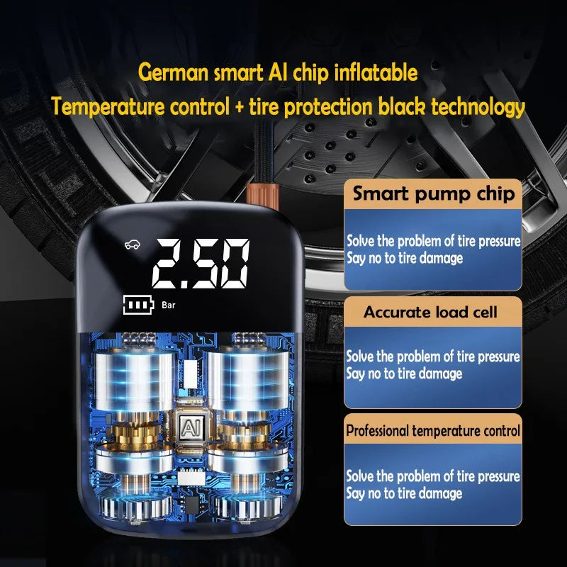 Portable Tire Inflator 150 PSI with Digital Display, Auto Stop and LED Light, Cordless Rechargeable or 12V Corded