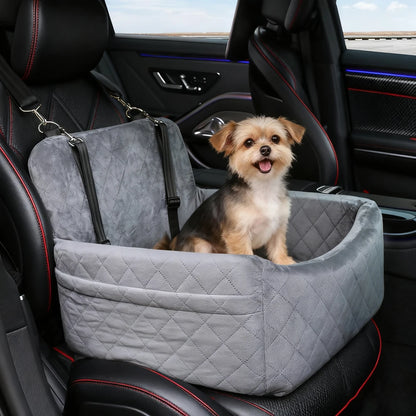 Warm Portable Dog Car Seat for Small and Medium Dogs, Washable Cushion Bed with Belt Strap and Storage Pocket, Black or Gray