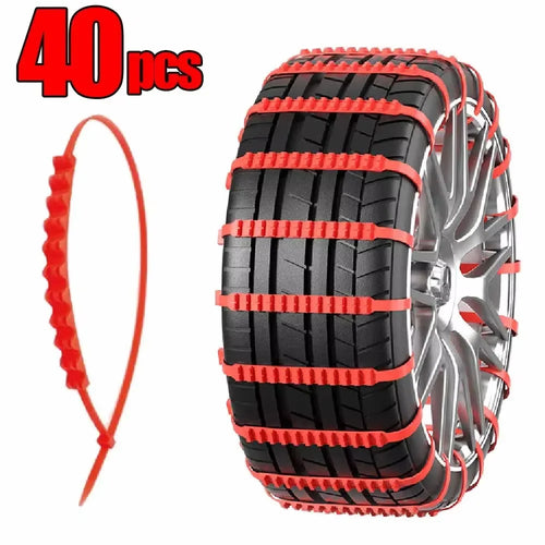 40 red plastic snow chain ties on a car tire