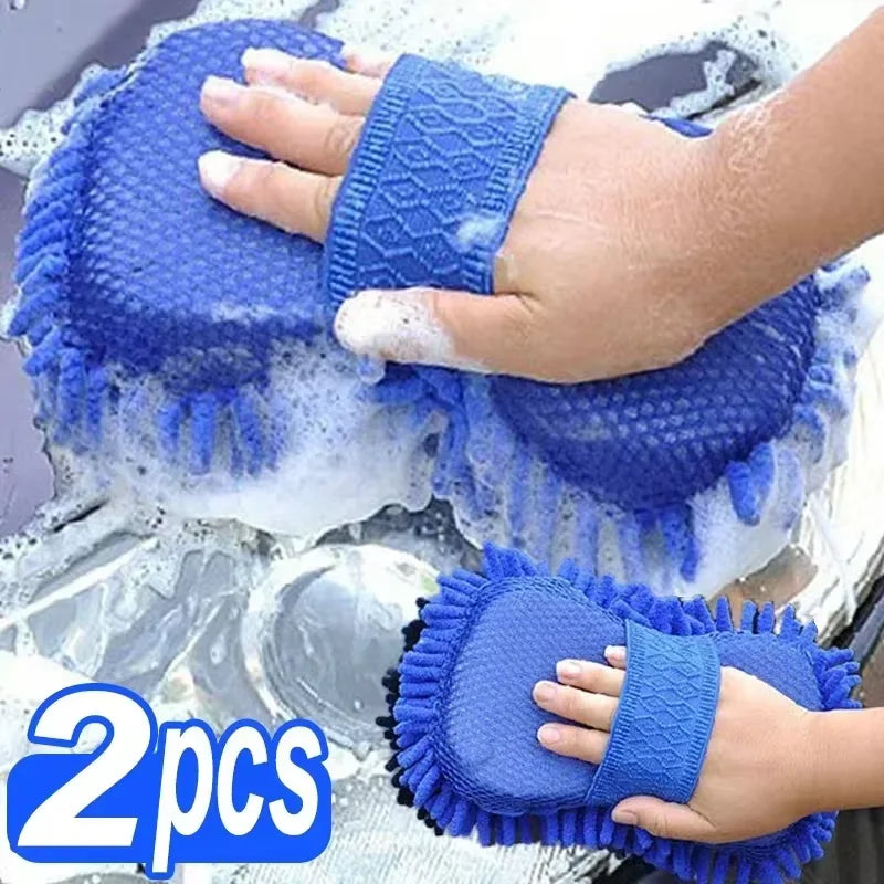 Chenille Microfiber Car Wash Sponge with Hand Strap, Soft Wash Pad for Paint, Wheels and Windows, 1 or 2 Pack, Blue