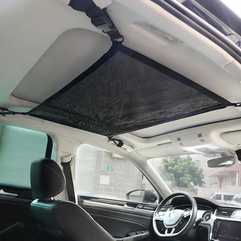Car Ceiling Cargo Net Storage Bag for SUVs and Cars, Double Layer Mesh Organizer with Zipper and 4 Buckles, 31 x 22 Inch